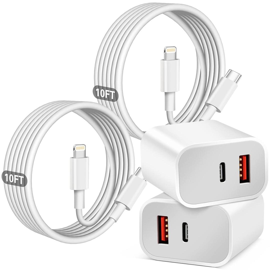 Fast Charger iPhone, Dual Port A/C iPhone Charger Fast Charging Block,2 Pack Super Quick Double Apple iPhone Wall Charger Power Adapter 10FT USB-C to Lightning Cable for iPhone 14/13/12/11/ProMax/XS/XR (White)