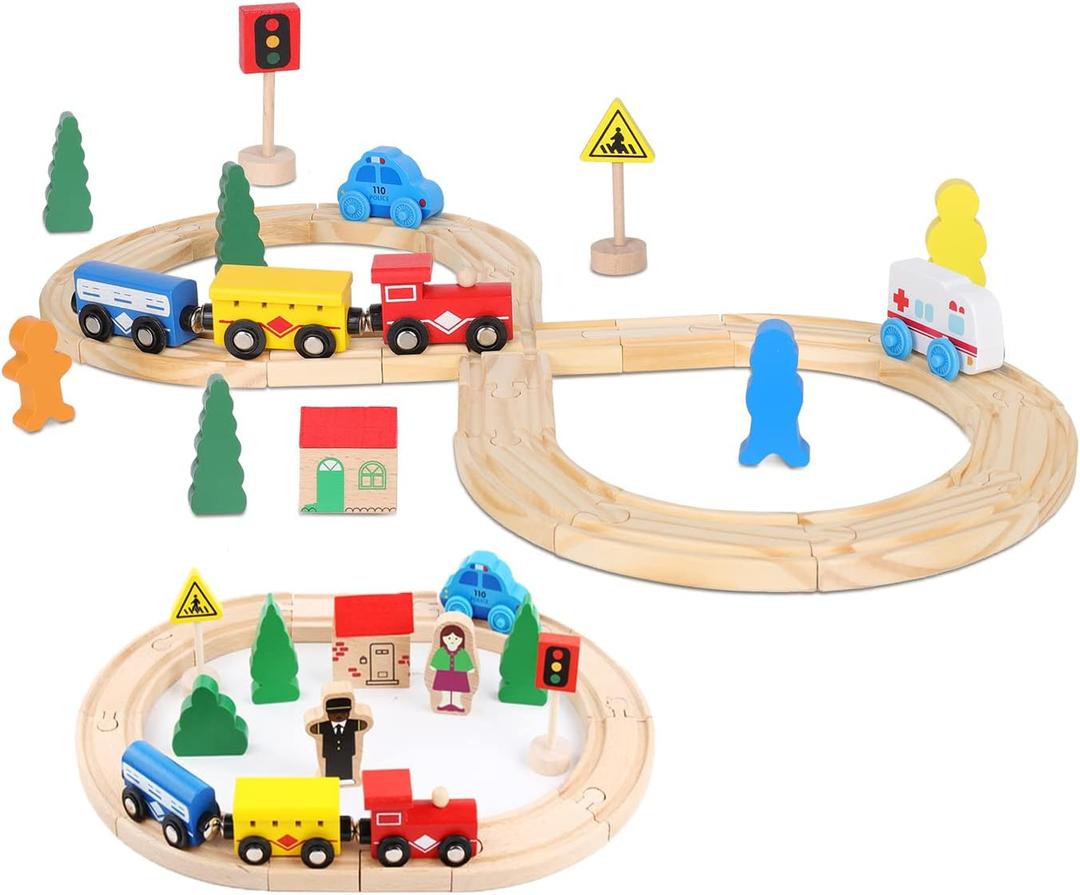 Wooden Train Tracks Toys for Toddler, 33 Pieces Magnetic Train with Wooden Tracks Fits for Thomas, Brio, Chuggington, Melissa and Doug, Rail Set Toy Gifts for 3 4 5 Years Old Girls & Boys