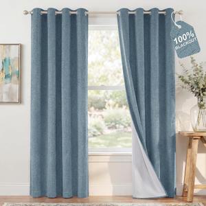 NICETOWN Linen 100% Blackout Stone Blue Curtains for Bedroom White Liner Composite, Grommet Thermal Drapes Home Decor Window Treatments for Living Room/Beach Home, 2 Panels, W52 x L84