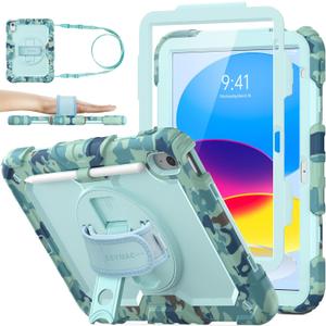 SEYMAC stock Case for iPad (A16) 11th/10th Generation 11''/10.9'' 2025/2022, Full-Body Drop Protection Case with Screen Protector &360 Rotate Hand Strap/Stand, SkyBlue Camo