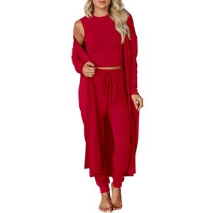 KIRUNDO 3 Piece Lounge Sets for Women Airport Travel Vacation Outfits Spring Cardigan Matching Sleeveless Top Jogger Pants (Large, Red)