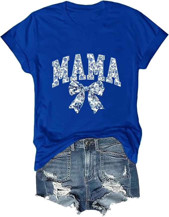 Mama Bow Shirt Blue Chinoiserie Mom Bow T-Shirt NAVY L