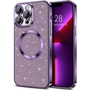 Hython for iPhone 14 Pro Max Case Glitter, Clear Magnetic Phone Cases with Camera Lens Protector [Compatible with MagSafe] Bling Sparkle Plating Soft TPU Slim Shockproof Protective Cover WomenPurple