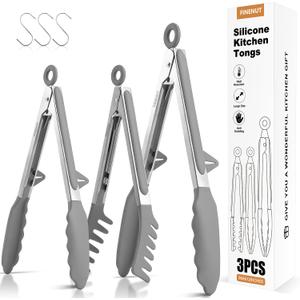 Stainless Steel&Silicone Food Tongs Set of 3 (9+9+12 Inch) - BPA-Free&Heat Resistant Non-Scratch BBQ&Cooking Tools,Strong Grip Locking for Grilling,Pasta,Air Fryer,Salad,Dishwasher Safe