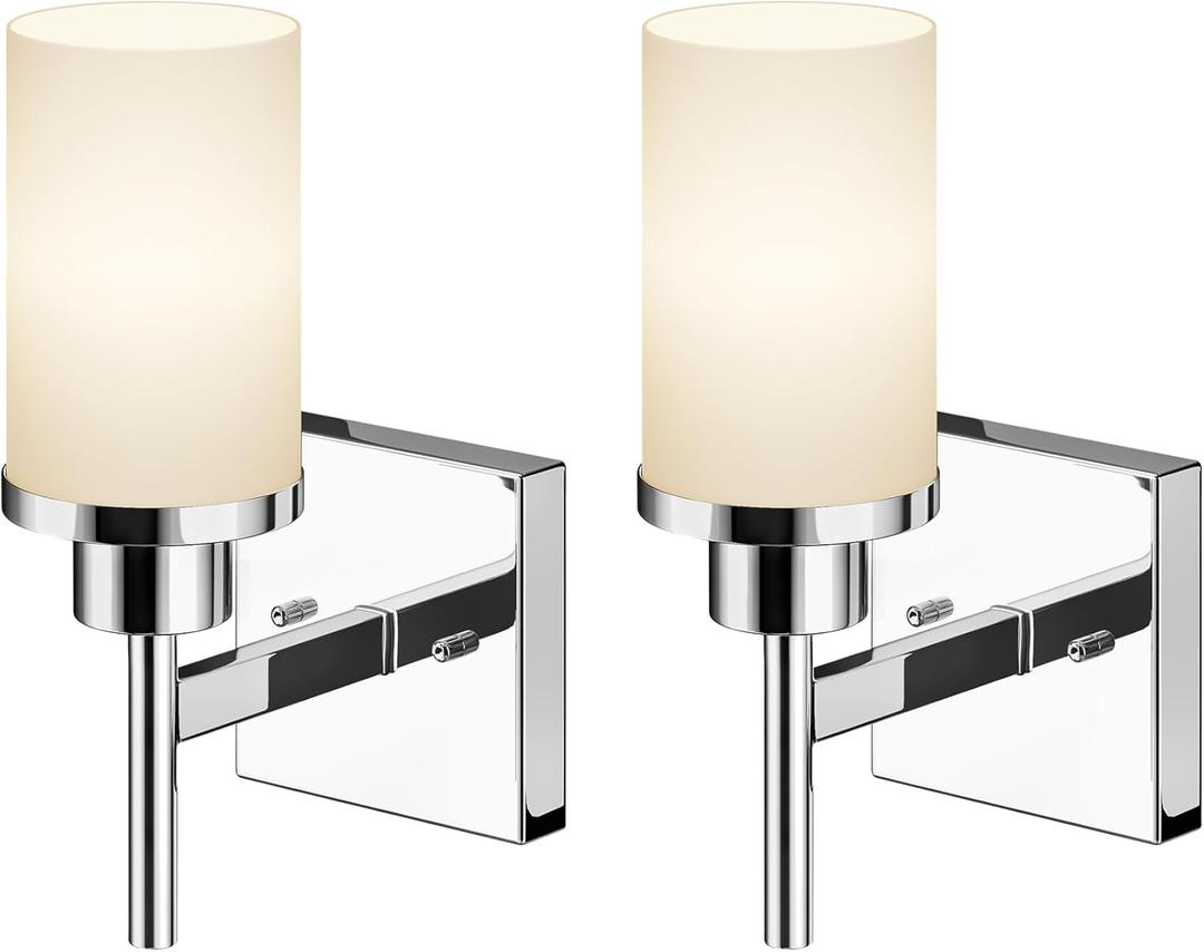 Vanity Lights Polished Chrome Bathroom Light Fixtures with White Frosted Glass Shade, Wall Sconces for Mirror Hallway Entrance, 2 Pack T001CH-L1-P2
