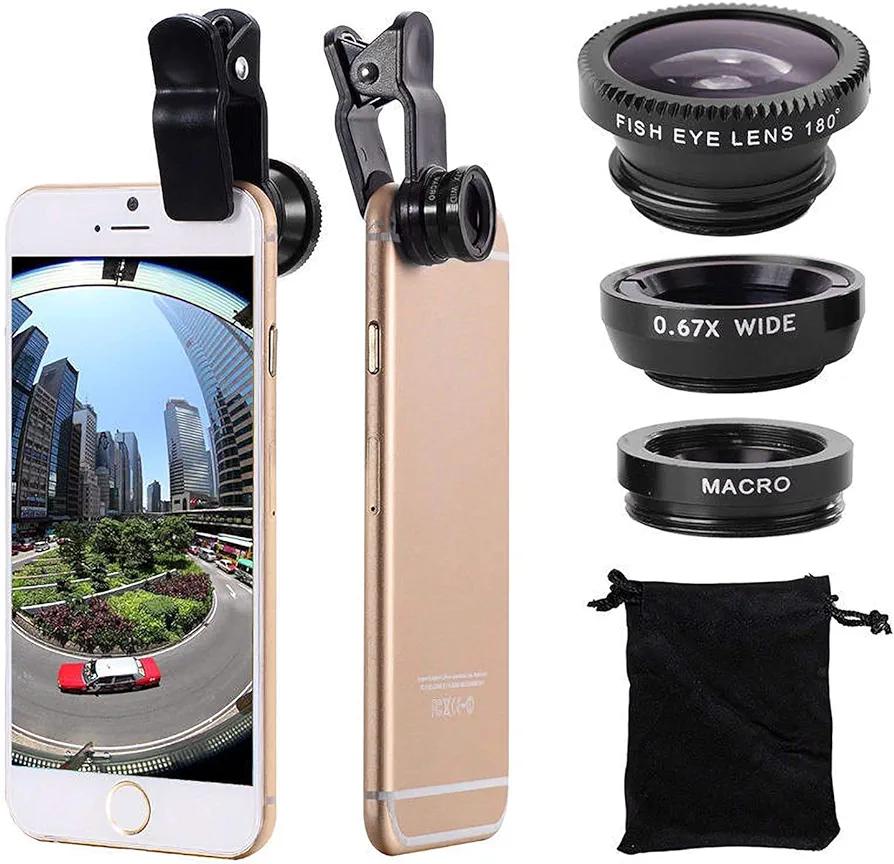 3 in 1 Cell Phone Camera Lens Kit Wide Angle Macro Fisheye Lens Universal for Smart Phones iPhone Samsung Android Black