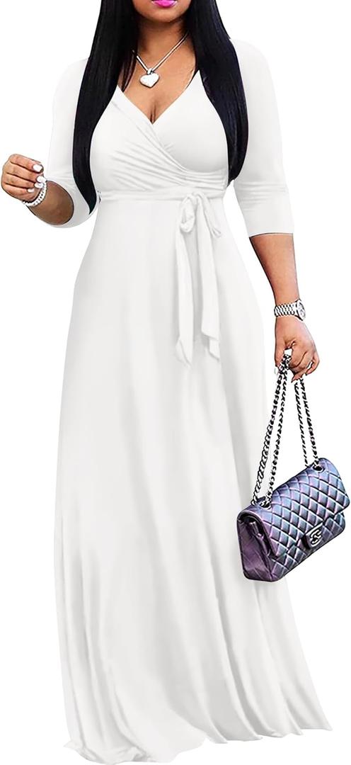FANDEE Women's 2025 Maxi Dress - Solid Color Bohemian Summer Long Maxi Dress V-Neck 3/4 Sleeve (Large, 1-white)