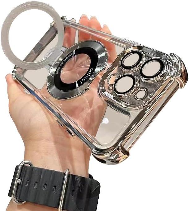 Magnetic case for iPhone 17 Pro Max with Full Camera Lens Protection(Compatible with MagSafe),Military Shockproof Slim Electroplate Bumper Clear Cover Built-in Invisible Ring Stand, Silver