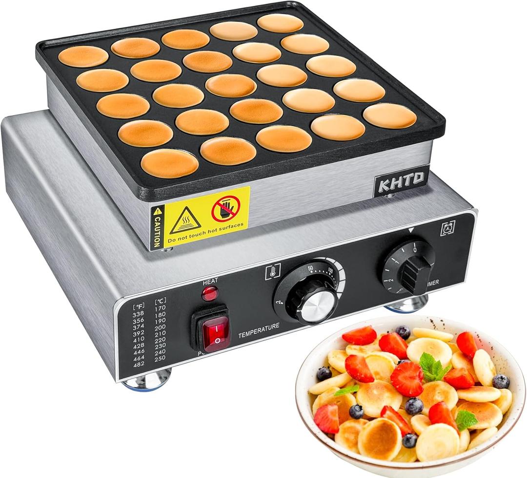 KHTD Mini Pancake Maker Machine, 25PCS Electric Nonstick Dutch Pancake Maker, 1.6 Inches Commercial Muffin Maker with Thermostat & Timer Control for Home Restaurant Snacks (12.8"D x 11.5"W x 7.6"H)