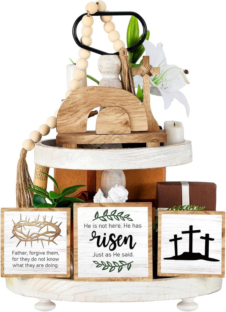 Thyle 8 Pcs Easter Empty Tomb Decor Wooden Jesus Nativity Scene Set Resurrection Religious Tiered Tray Decor He Is Risen Christian Signs for Spring Holidays Indoor Home Table Decoration