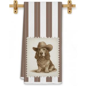 Western Basset Hound Dog Kitchen Towels, Basset Hound Gifts Hand Towels for Bathroom, Retro Preppy Brown Striped Cowboy Dog Dish Tea Towels for Kitchen Decor, 16x24 Inch