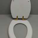 Mayfair Bennett Toilet Seat with Brushed Gold Hinges, Slow Close Wood Seat, Secure Metal Hinges, Easy Install, Made in USA, Elongated, White