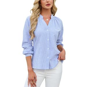 Blooming Jelly Womens Striped Button Down Shirt V Neck Long Sleeve Cotton Blouse Business Casual Trendy Fashion Work Tops (X-Large, Cadet Blue)