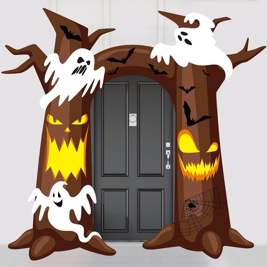 Halloween Door Decorations Large Spooky Ghost Tree Halloween Door Hanging Banner Halloweens Ghost Tree Porch Sign for Creepy Halloweens Haunted House Party Backdrop Photo Props Supply 9.4 x 9ft