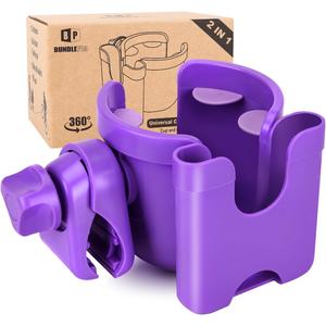 Universal Stroller Cup Holder with Mobile Phone Case, 2-in-1 Strollers Storage Rack, 360 Degrees Rotation Drink Holder for Bike, Pushchair, Wheelchair, Walker,Bicycle, Fits Most Cups (Purple)