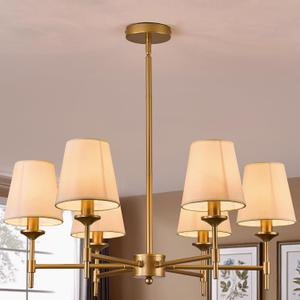 Gold Chandelier with Shades 6 Light Ceiling Light Fixture with Linen Fabric Farmhouse Pendant Lights for Bedroom Kitchen Dining Room Living Room Foyer