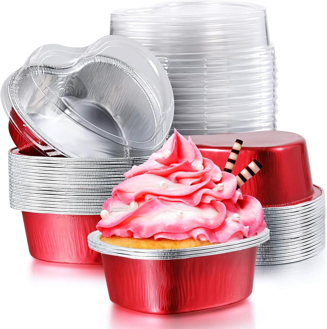 40 Sets Aluminum Foil Cake Pan Heart Shaped Cupcake Cup with Lids 100 Ml/ 3.4 Ounces Disposable Mini Cupcake Cup Baking Cups for Mother's Day Housewarming Gifts Valentine Wedding Xmas Birthday(Red)