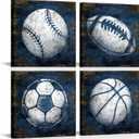 KLVOS Navy Blue Sports Wall Art Dcor Basketball Baseball Soccer Football Canvas Art Prints Sport Balls Picture for Man Cave Kids Teenagers Boy Room Decor 12x12inchx4 Piece