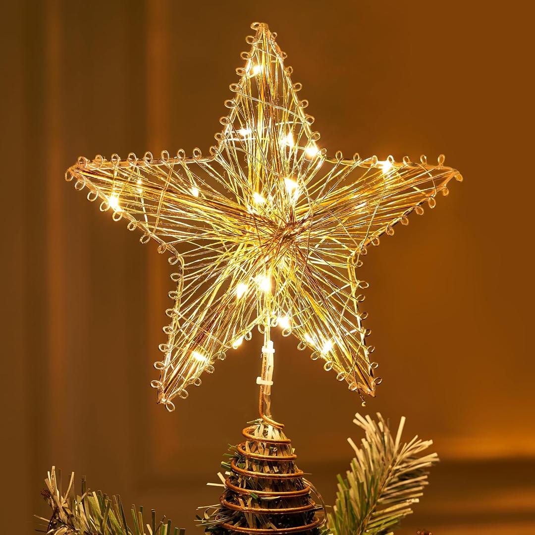 Joiedomi Christmas Tree Toppers 8" Gold Metal Star Decor with Battery Powered Treetop Ornaments with Warm White LED Lights for Xmas Holiday Party Indoor Decorations (8 inch * 10inch)