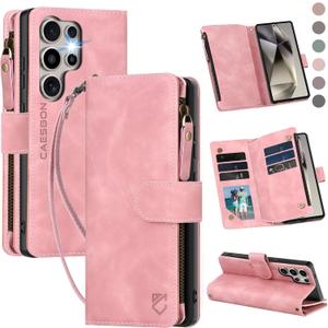 for Samsung Galaxy S24-Ultra-Wallet Case: with RFID Blocking Card Slots (6 Cards) | Soft PU Leather Magnetic Snap Zipper Pocket | Crossbody Wrist Strap Protective Phone Cover - Pink