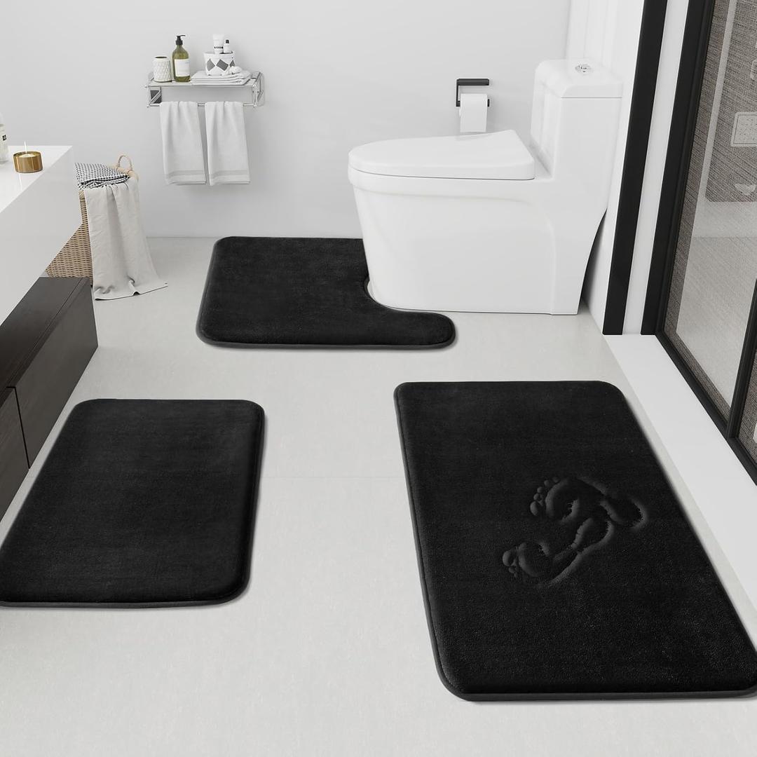 HUXMEYSON Bathroom Rugs Sets 3 Piece, Non-Slip & Quick Dry Bath Mat Set, Ultra Soft Velvet Bath Rugs for Bathroom, Toilet and Shower Floor, Black