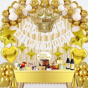 Golden Birthday Decorations Set - Gold Party Decorations with Banner, Crown BalloonBalloon Arch, Curtains Background, Tablecloth, Cake Topper, Confetti Balloons for Boys Girls Men Women Party