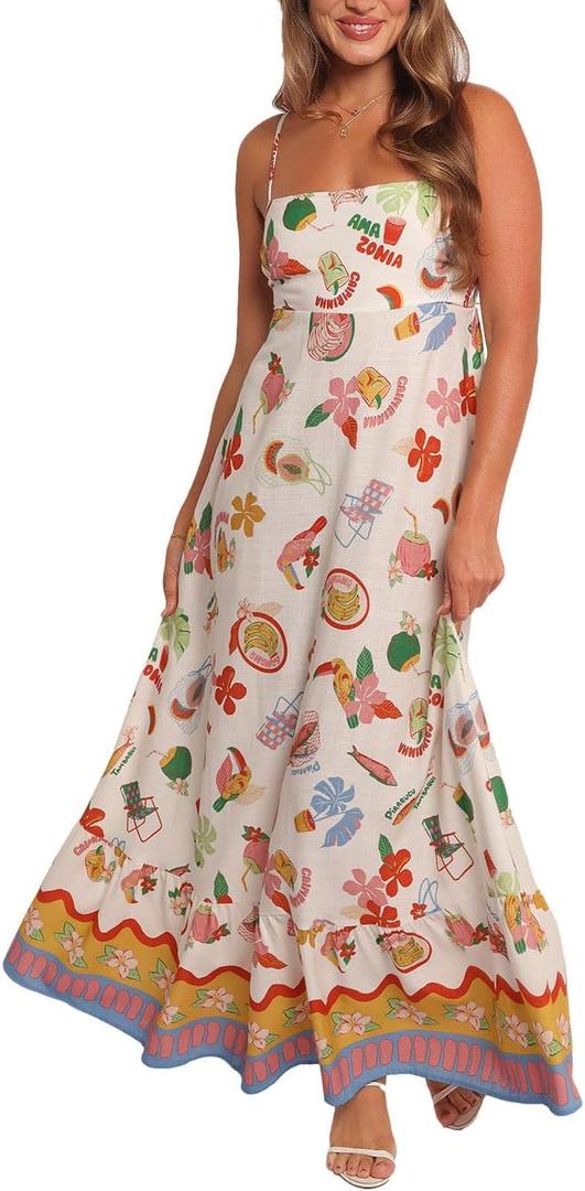 Women Spaghetti Strap Maxi Dress Colorful A Line Swing Long Smocked Picnic Dress Boho Beach Vacation Sundress (Summer Print) Size XL