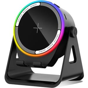 Wireless Induction Speaker, 5-in-1 Bluetooth 5.3 Phone Stand with 360 Rotation & RGB Ambient Light - Cool Tech Gadgets Gifts for Men Women Dad Mom - Compatible iPhone/Android/iPad/Samsung (Black)
