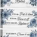 WELMECO Bathroom Art Bathroom Rules Wall Decor Rose Floral Painting Prints Farmhouse Wall Decor Signs, Framed 6x12inchx3Pieces (Blue)