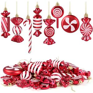 Leyndo 24 Pcs Christmas Candy Hanging Ornament Candy Cane Peppermint Lollipop Decor Glitter Ornament for Home Christmas Tree Party Favor Decoration(Red)