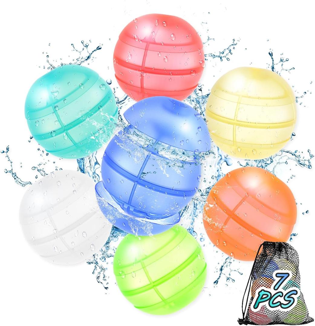 Reusable Water Balloons for Kids & Adults, 7 Pack Refillable Silicone Water Balloons  Quick Fill, Self Sealing Water Balloon for Pool, Summer Toys Beach Toys for Outdoor Idea Gift, Party Supplies