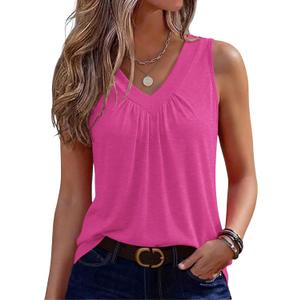 Zeagoo Womens Tank Tops Summer Sleeveless Loose Fit Tops V Neck Pleated Shirts Basic Tees Dressy Casual Trendy Clothes (Pink, XL)