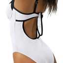 BERLOOK One Piece Swimsuit Women Tummy Control Ribbed Retro Bathing Suits Contrast Trim Knotted Sexy Slimming Swimwear, White Medium