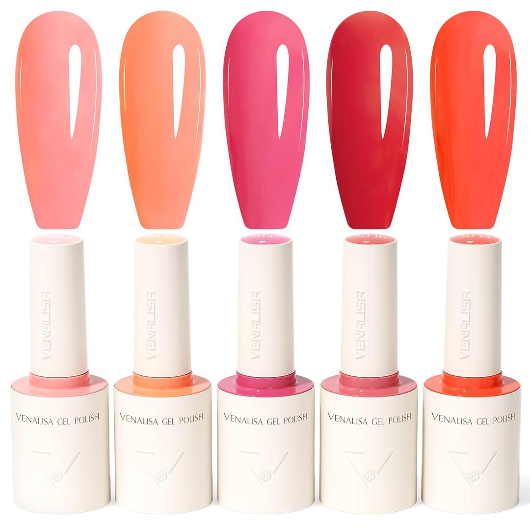 VENALISA 10 ML Pink Gel Nail Polish Set with DIY Nail tips Kit, 5 Pcs Pink Red Orange Gel Polish Color High Gloss Soak Off U V Nail Manicure Salon DIY