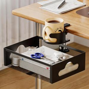 Clamp-On Under Desk Organizer with Cup Holder, 360 Rotating Mesh Drawer with Cable Hole, No-Drill Desk Drawer Organizer for Gaming Desk Accessories, Office Supplies, Coffee Mug, Dorm(2 in1)