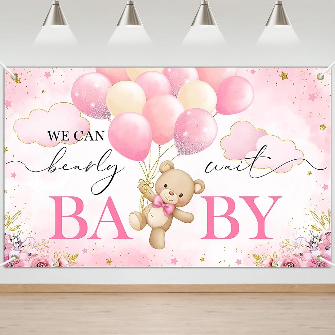 Mocsicka We Can Bearly Wait Backdrop Pink Bear Baby Shower Banner Girls Baby Shower Party Decorations Photo Booth Props (Pink, 6x3.6ft)