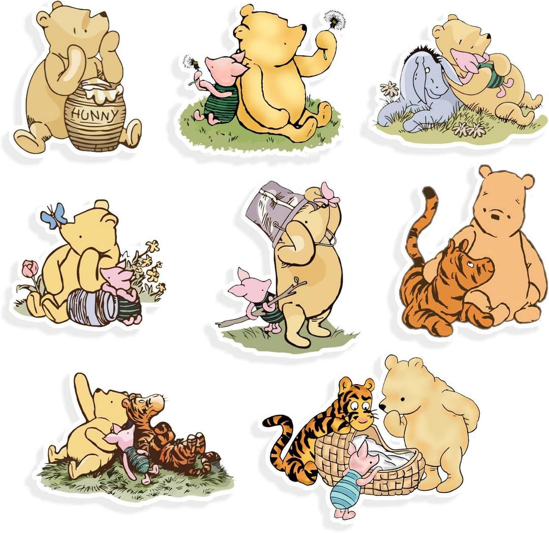 Classic Winnie Bear Friends Cutouts Prop with Stand - 8 Patterns Baby Shower & Birthday Decorations Centerpiece Double-Sided Printing