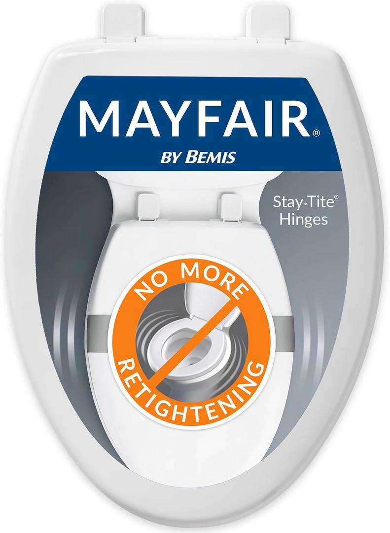 Mayfair Collins Slow Close Toilet Seat, Durable Plastic Seat with Extra Stability Bumpers and Secure Hinges, Made in USA, Elongated, White