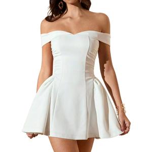 LAGSHIAN Women's Summer Classy Formal Sleeveless Off Shoulder A-line Cocktail Party Mini Dress (White, L)