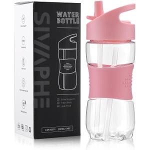 Sivaphe Clear Kids Water Bottle with Straw Cap 12 oz, Portable Leak-Proof Tritan Small Beverage Bottle 350 ml, Transparent Sports Drinking Bottle 350ml for School Girls Lightweight Pink (11.8 Ounces)