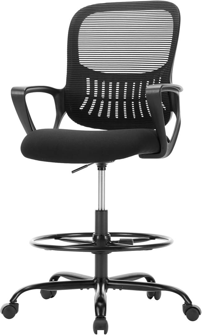Sweetcrispy Home Office Drafting Chair - Ergonomic High Stool Computer with Adjustable Height and Comfy Lumbar Support, Tall Rolling Task for Standing Desk with Fixed Arm and Footrest, Dark Black