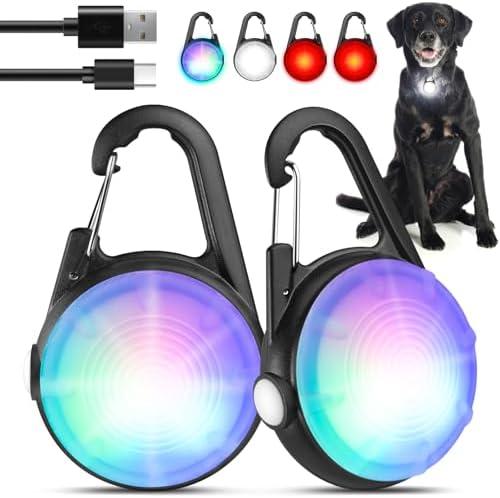 POEEY 2Pack Dog Lights for Night Walking Dog Collar Light Clip on Rechargeable Glow in The Dark Light with 4Modes & RGB Color for Camping, (4 Pieces)