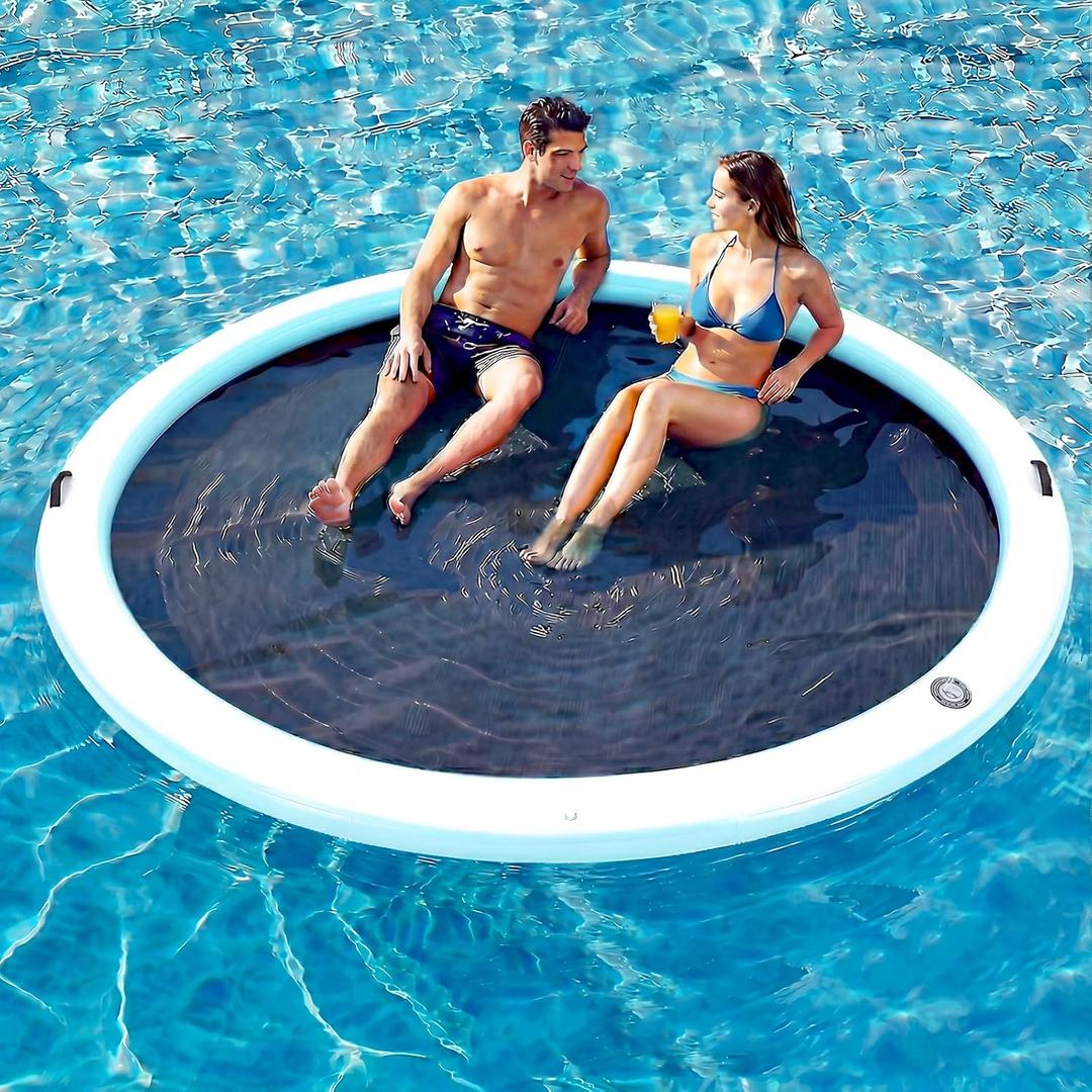 Inflatable Floating Dock, 6-12FT Round Water Hammock Float Ring | Inflatable Island With Woven Mesh Center, Ideal As A Lake Float, Pool Lounge, Swim Platform, Tanning Hammock, 10FT