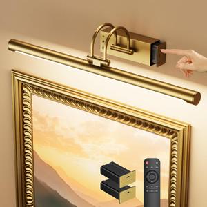 23.6 Wireless Rechargeable Picture Light with Remote, Large Battery Operated Wall Light for Paintings & Art, Dimmable LED Gallery Lamp with Timer, Adjustable Metal Design, Electroplated Gold Finish