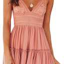 ECOWISH Summer Dresses for Women 2026 V-Neck Spaghetti Strap Bowknot Backless Sleeveless Lace Mini Swing Skater Dress (Pink, M)