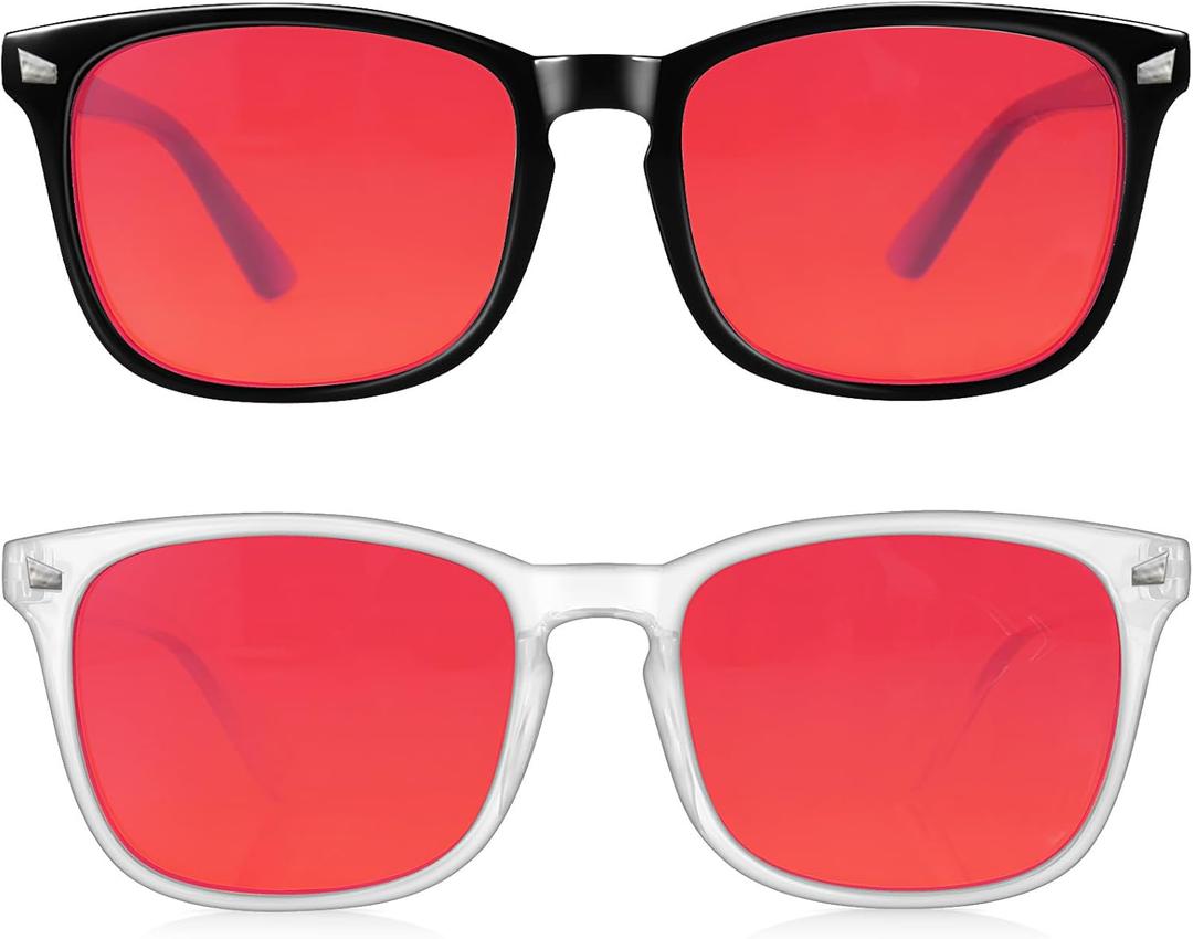 2 Packs Professional Sleep Glasses with 99.9% Blue Light Blocking Dual AR Coatings Red Lens, Computer Gaming Glasses for Men Women, Anti Fatigue & Eye Strain ((01)-black+transparent)