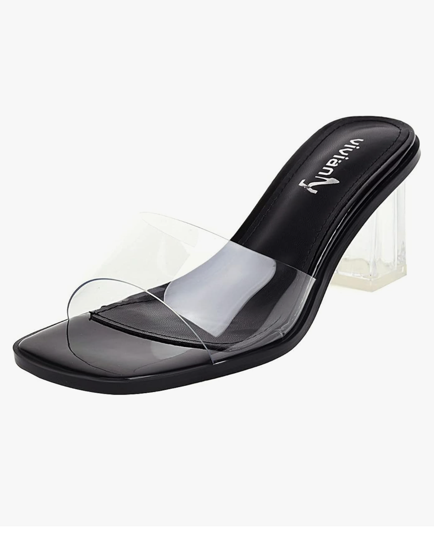 vivianly Womens Clear Heels Sandals Transparent Chunky Heels Backless Open Toe Slip on Mules Heeled Slipper Dress Shoes, Size 7