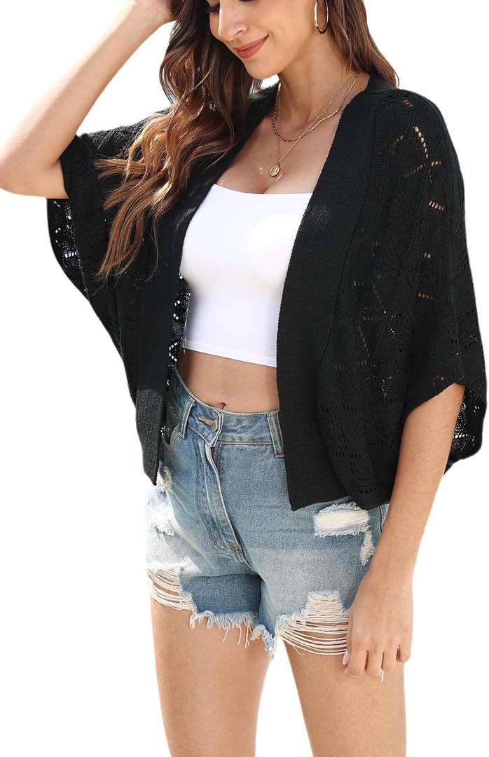 Women 2026 Batwing Hollow Out Open Front Summer Lightweight Sweater Crochet Cardigan M