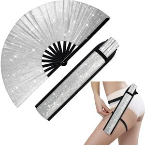 Glitter Large Rave Folding Clack Hand Fan with Holster for Men Women Handheld Fan for Festivals,Halloween,Rainbow Outfits,Disco Party,EDM,Burlesque,Drag Queen for Rave Accessories