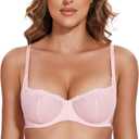 Wingslove Women's Sexy Lace Bra Mesh Balconette See Through Bralette Half Cup Sheer Bras Unlined Underwire Suppport (L)